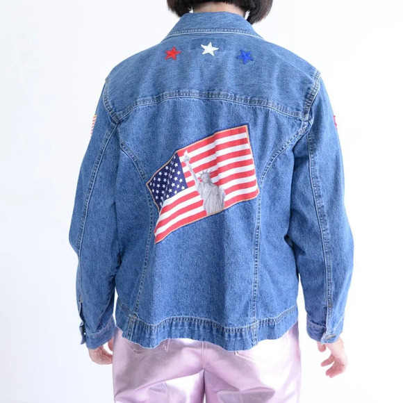 Vintage Cherokee Patriotic USA Flag Stars Blue Denim Button Up Jacket L - Picture 3 of 12